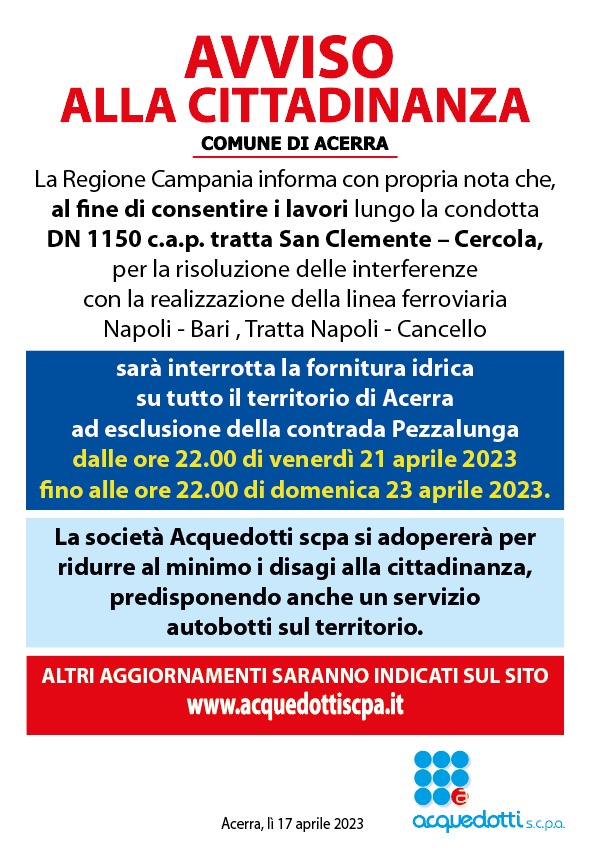 Comune di Acerra – Sospensione della fornitura idrica dalle ore 22.00 del 21/04/2023